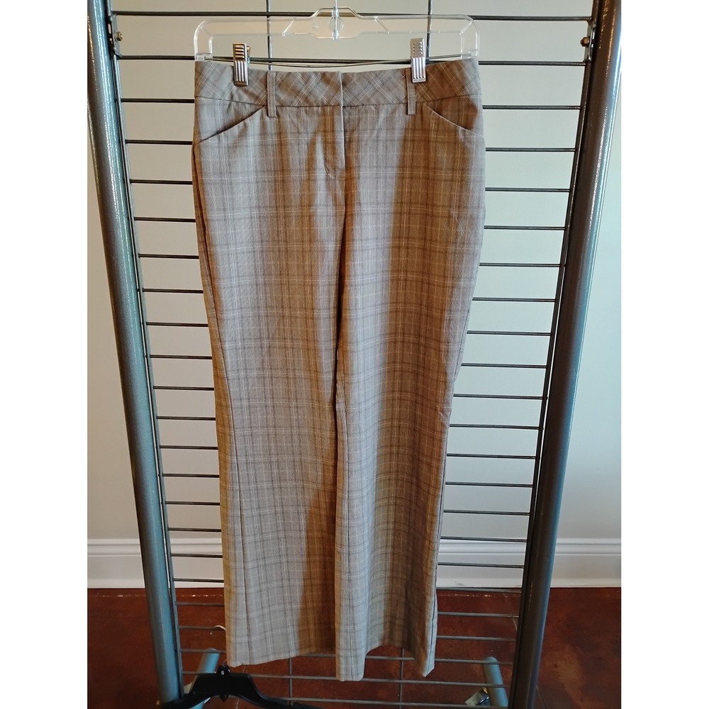 Express Design Studio Editor Tan Plaid Straight Leg Trousers Dress Pants Womens0